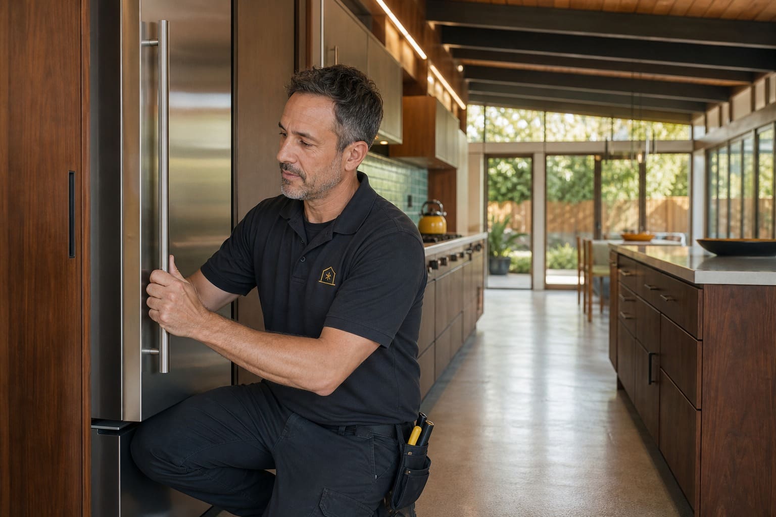 Sub-Zero repair technician opening a built-in refrigerator in a Mountain View Eichler galley kitchen
