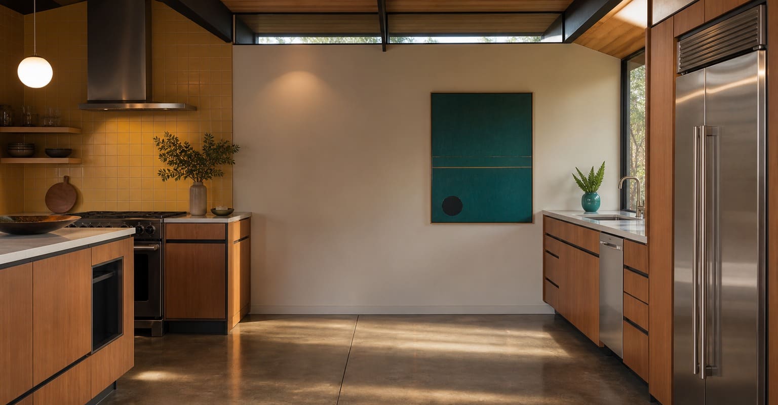 Warm mid-century Mountain View kitchen with a stainless built-in refrigerator