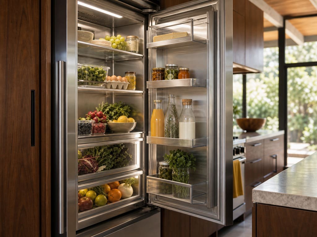 Open built-in Sub-Zero refrigerator in a Mountain View mid-century kitchen