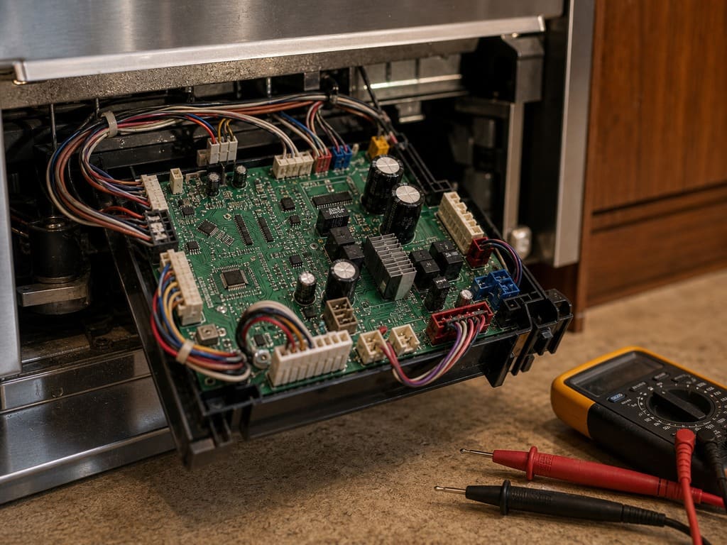 Refrigerator control board and wiring harness during diagnostics