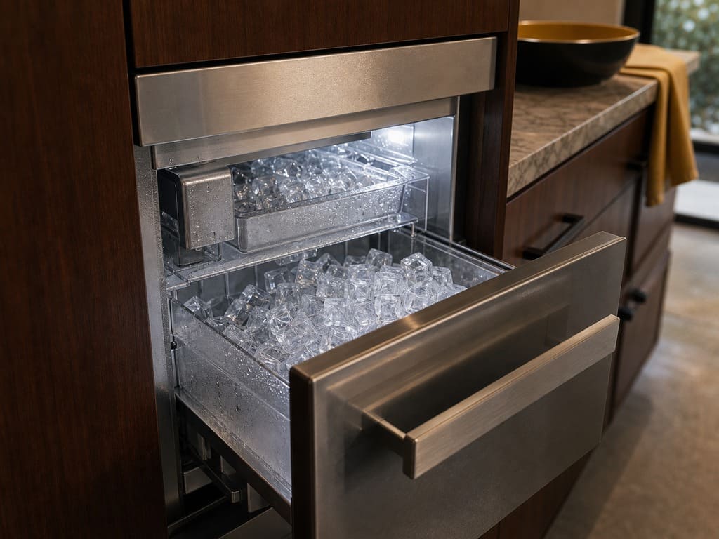 Built-in freezer drawer with a clear-ice maker full of ice cubes