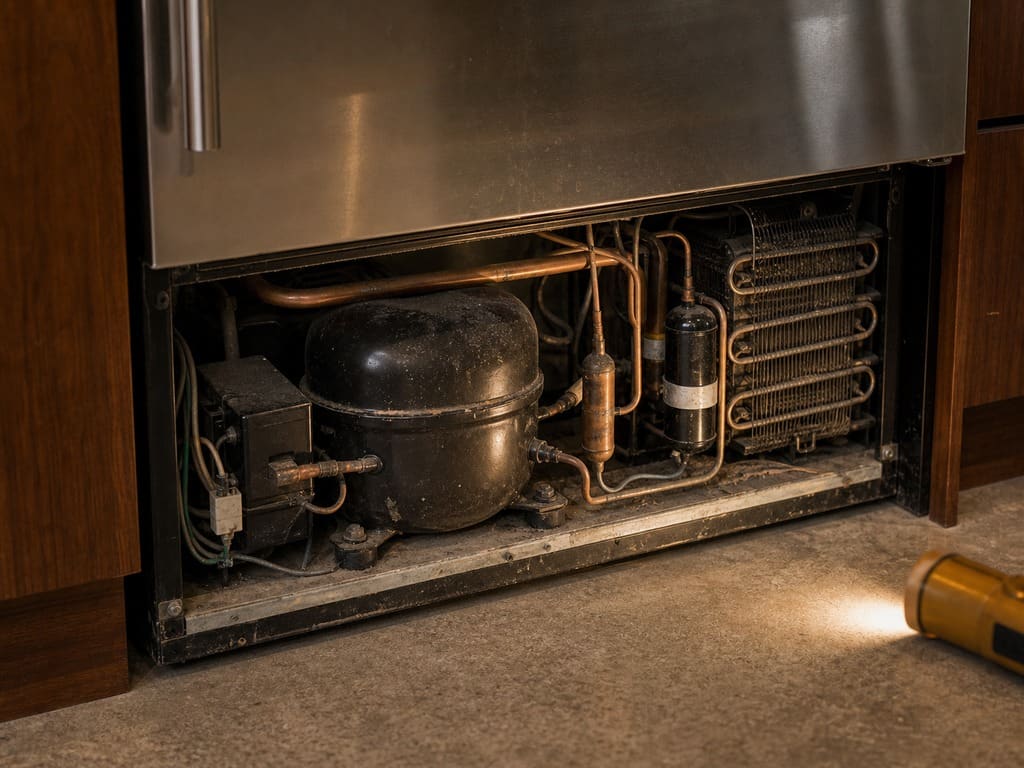 Exposed compressor and condenser coils in the lower bay of a built-in refrigerator