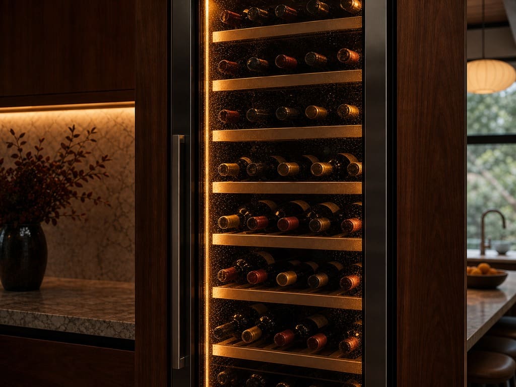 Built-in Sub-Zero wine storage column full of bottles in a Mountain View estate kitchen