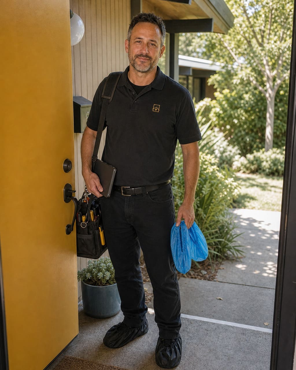 Technician with shoe covers at the door of a Mountain View home