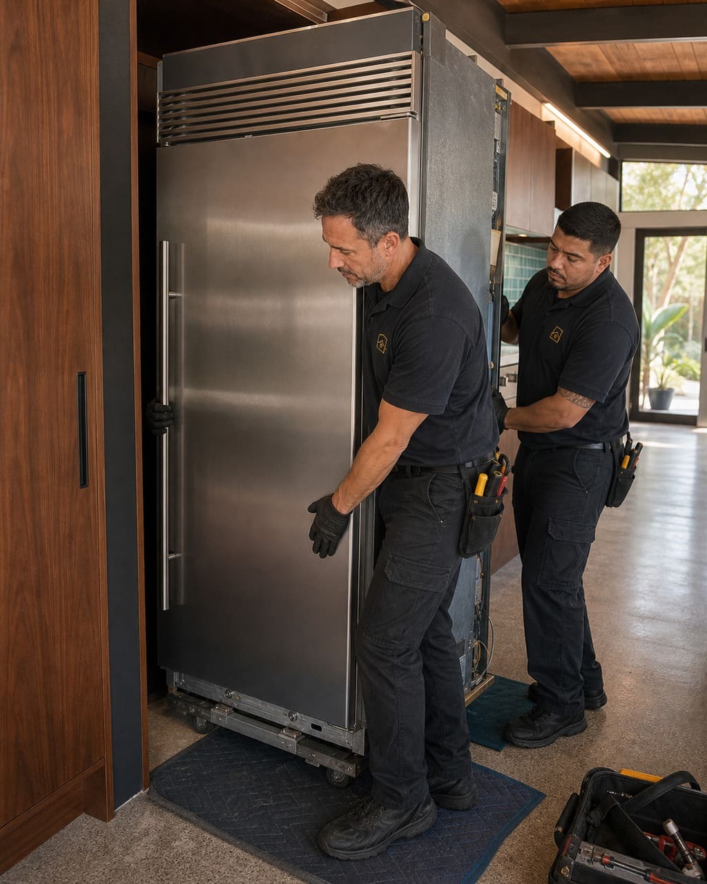 Two technicians sliding a built-in refrigerator out of a narrow Eichler galley in Mountain View