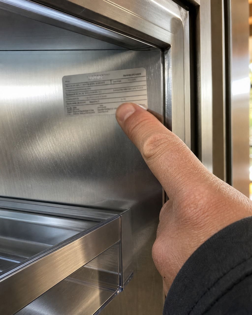 Technician pointing to the model and serial number tag inside a Sub-Zero refrigerator